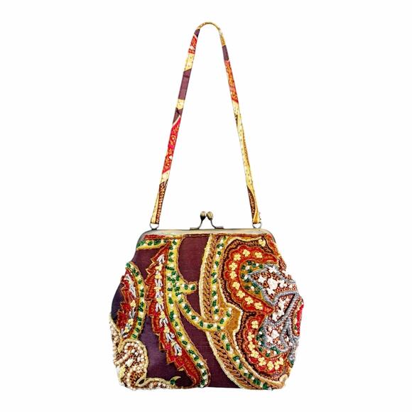 Santi Beaded Jewel Embellished Paisley Kiss Lock Mini Cocktail Party Bag Clutch - Picture 2 of 11